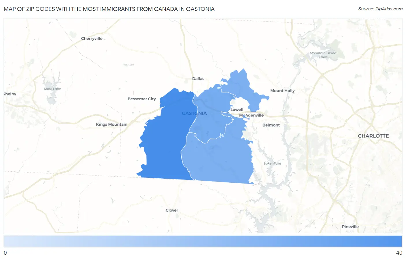 Zip Codes with the Most Immigrants from Canada in Gastonia Map