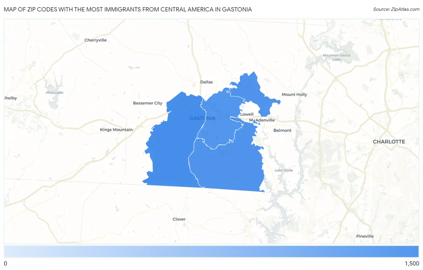 Zip Codes with the Most Immigrants from Central America in Gastonia Map