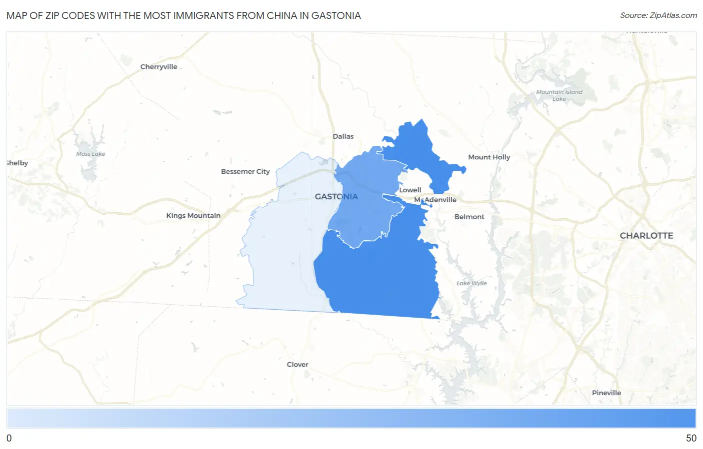 Zip Codes with the Most Immigrants from China in Gastonia Map