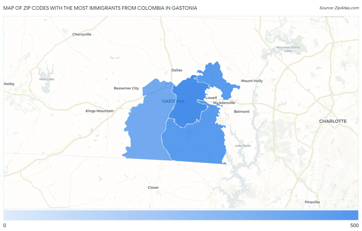 Zip Codes with the Most Immigrants from Colombia in Gastonia Map
