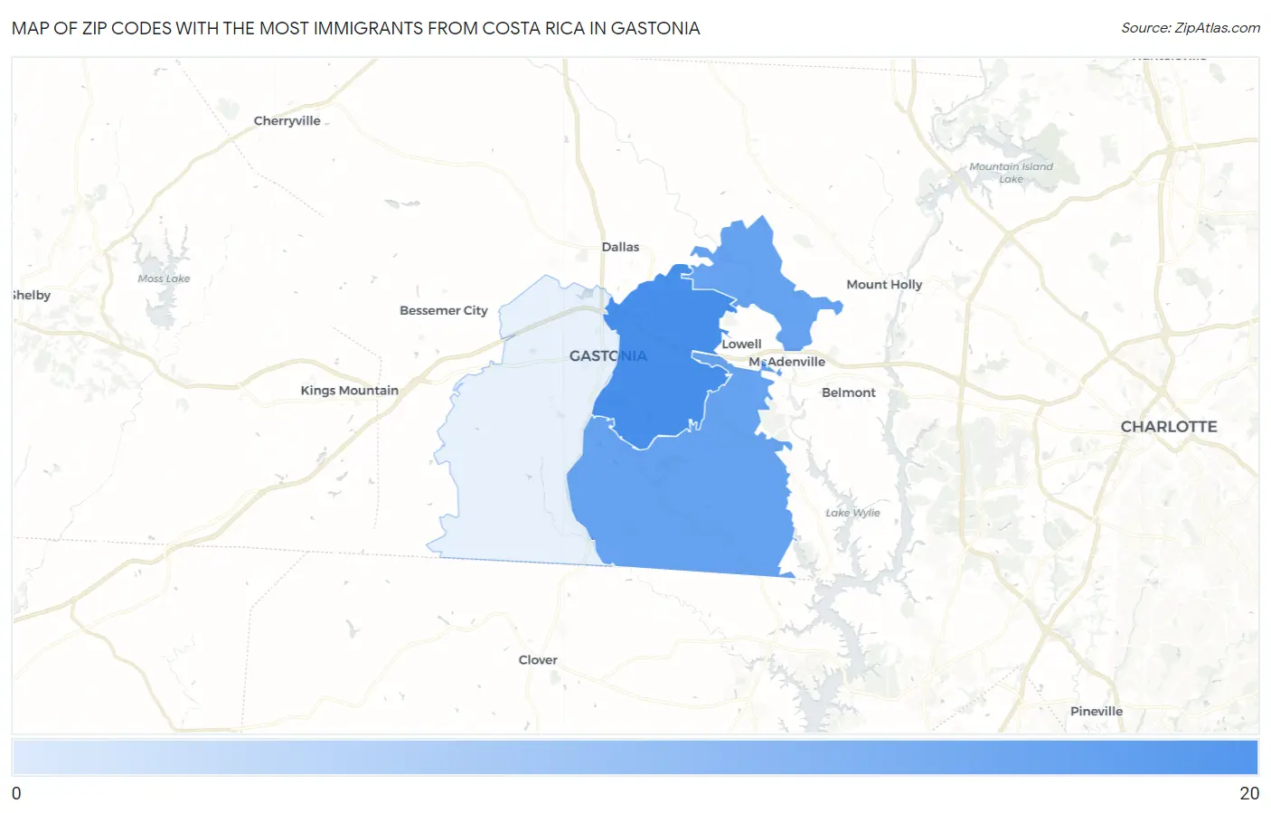 Zip Codes with the Most Immigrants from Costa Rica in Gastonia Map