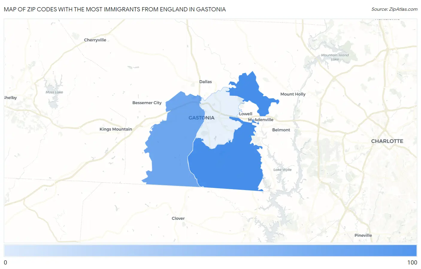 Zip Codes with the Most Immigrants from England in Gastonia Map