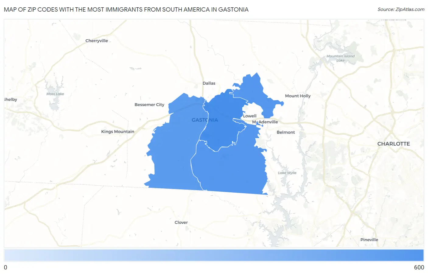 Zip Codes with the Most Immigrants from South America in Gastonia Map