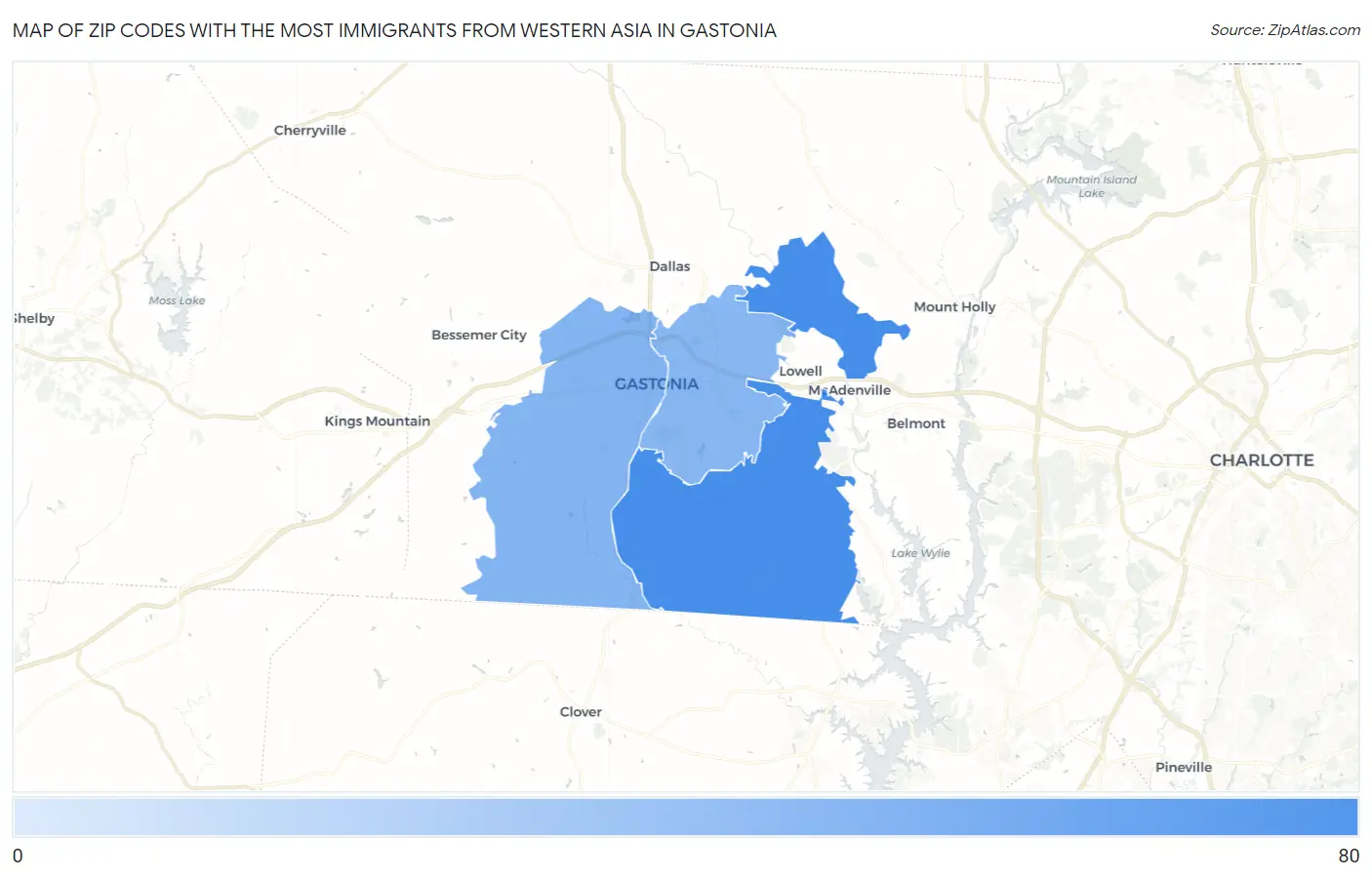 Zip Codes with the Most Immigrants from Western Asia in Gastonia Map