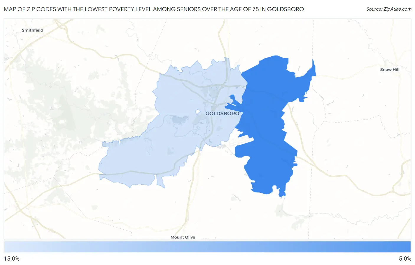Zip Codes with the Lowest Poverty Level Among Seniors Over the Age of 75 in Goldsboro Map
