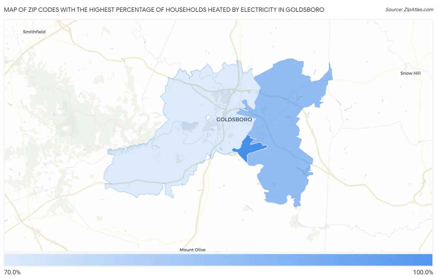 Zip Codes with the Highest Percentage of Households Heated by Electricity in Goldsboro Map