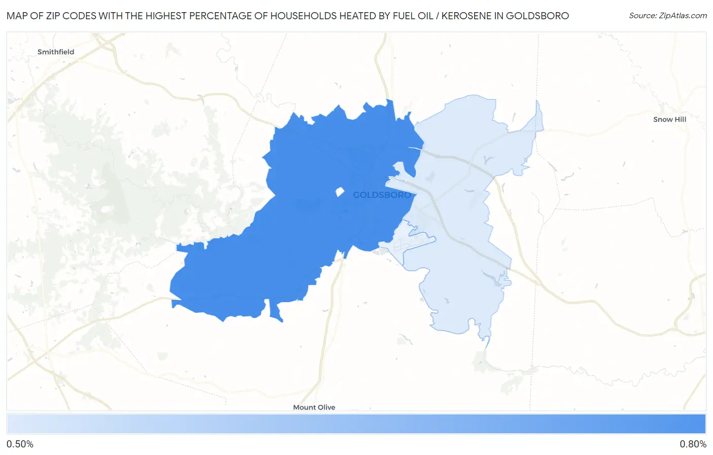 Zip Codes with the Highest Percentage of Households Heated by Fuel Oil / Kerosene in Goldsboro Map