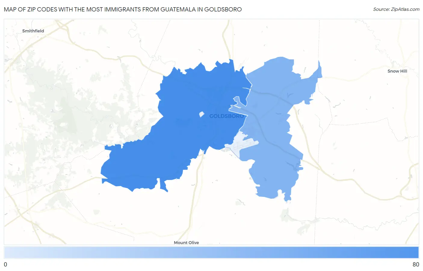 Zip Codes with the Most Immigrants from Guatemala in Goldsboro Map