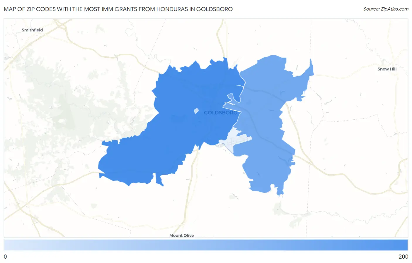 Zip Codes with the Most Immigrants from Honduras in Goldsboro Map