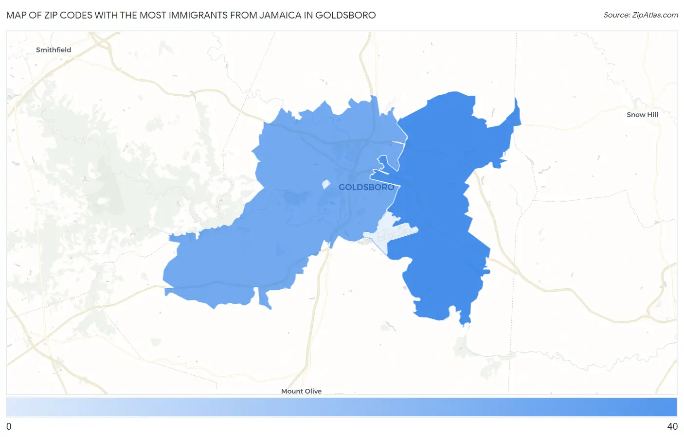 Zip Codes with the Most Immigrants from Jamaica in Goldsboro Map