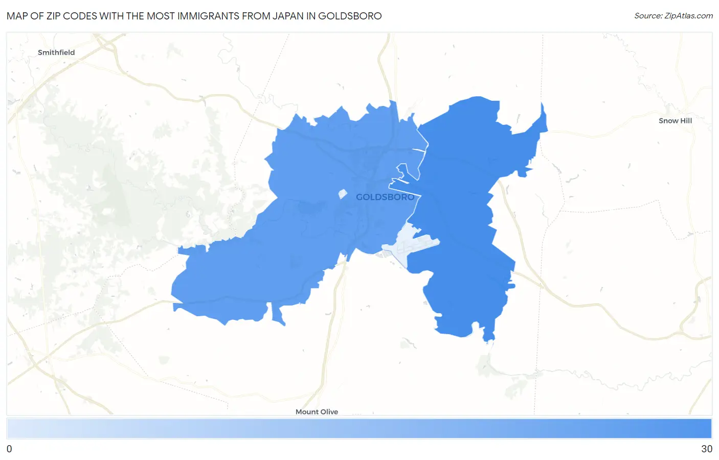 Zip Codes with the Most Immigrants from Japan in Goldsboro Map