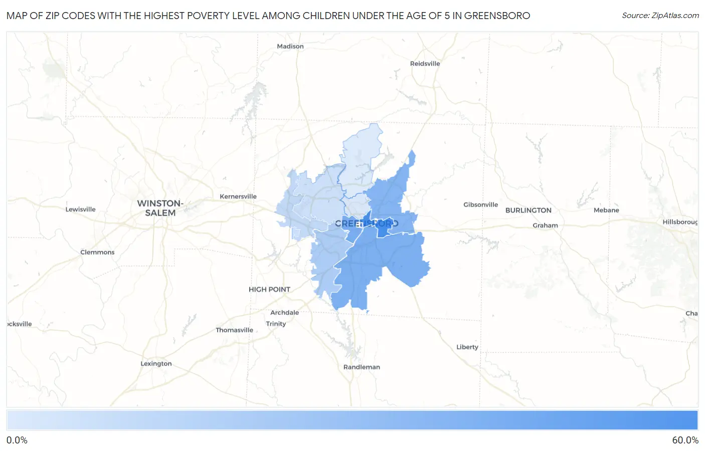 Zip Codes with the Highest Poverty Level Among Children Under the Age of 5 in Greensboro Map