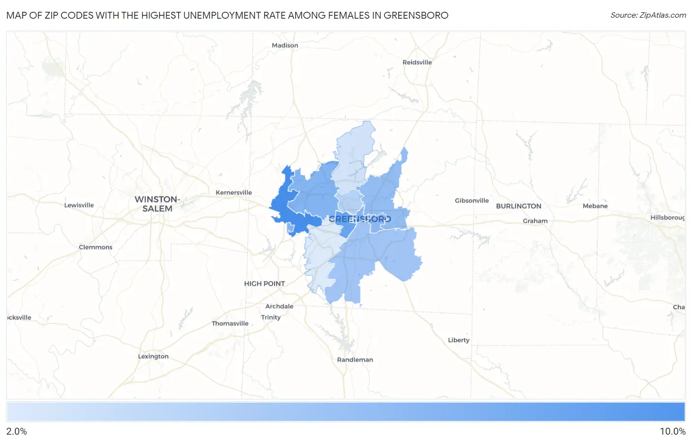 Zip Codes with the Highest Unemployment Rate Among Females in Greensboro Map