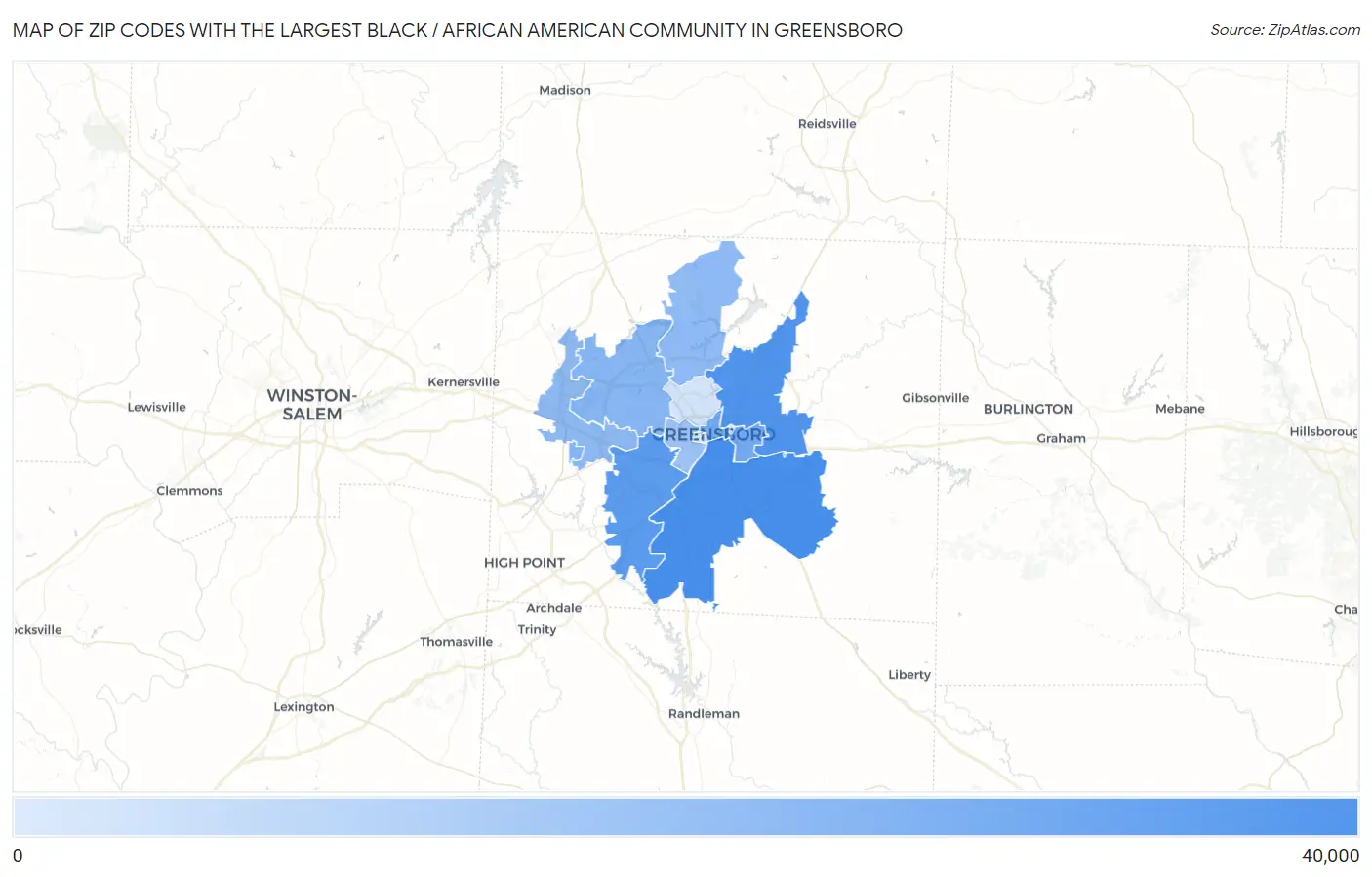 Zip Codes with the Largest Black / African American Community in Greensboro Map