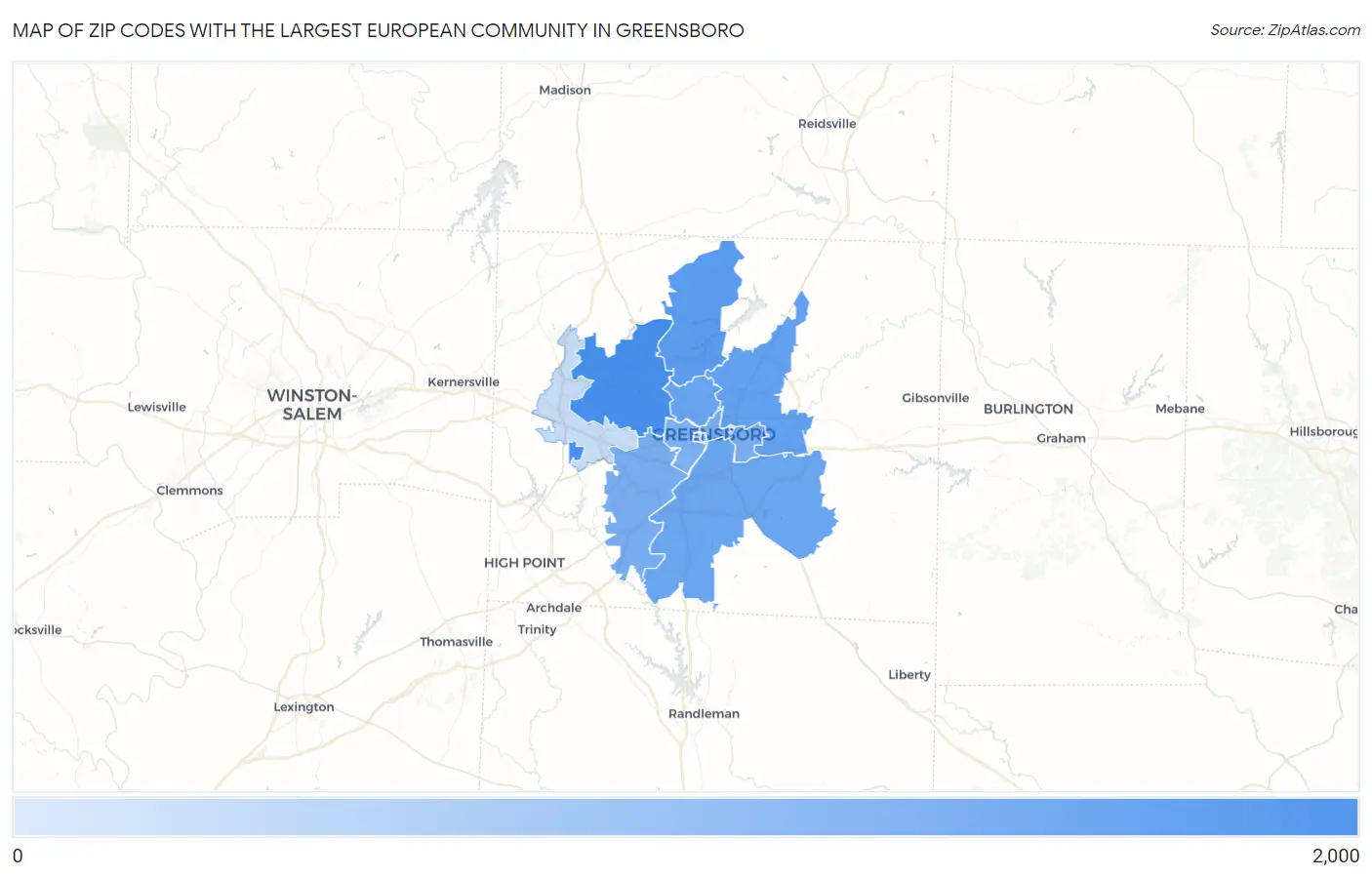 Zip Codes with the Largest European Community in Greensboro Map