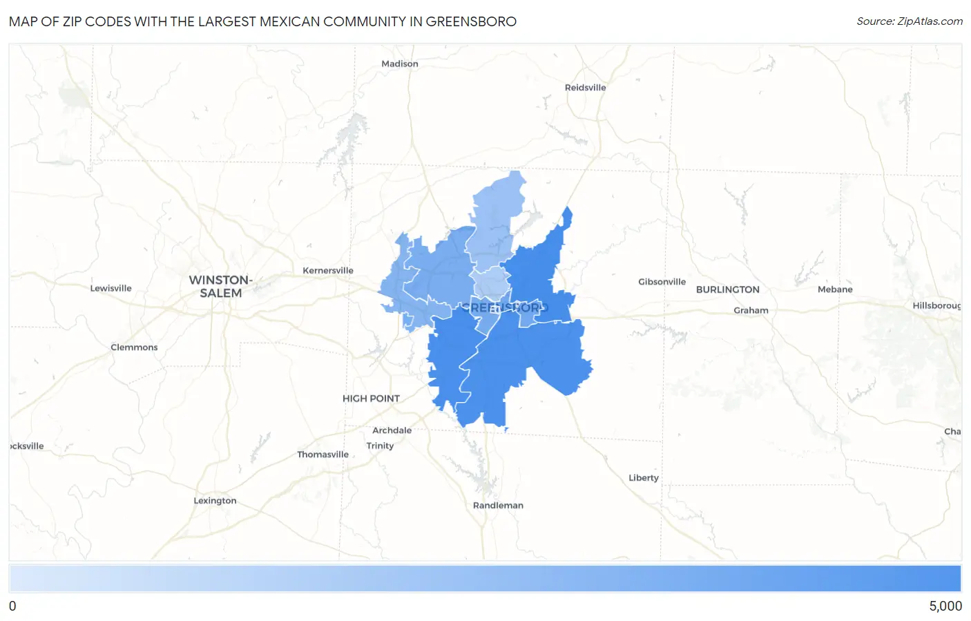 Zip Codes with the Largest Mexican Community in Greensboro Map