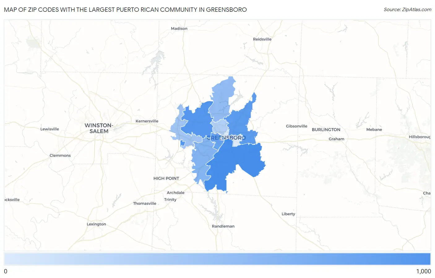 Zip Codes with the Largest Puerto Rican Community in Greensboro Map
