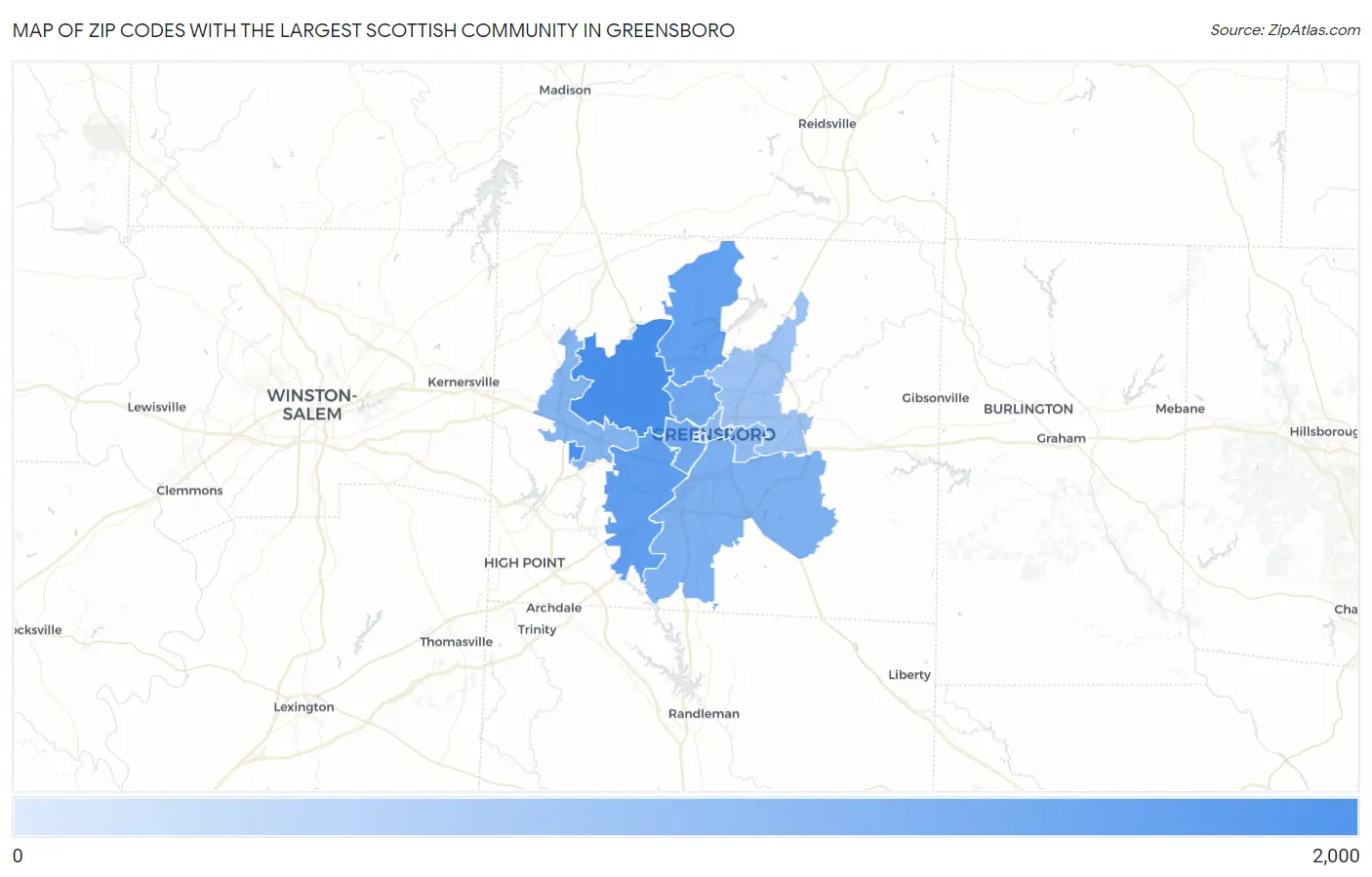 Zip Codes with the Largest Scottish Community in Greensboro Map