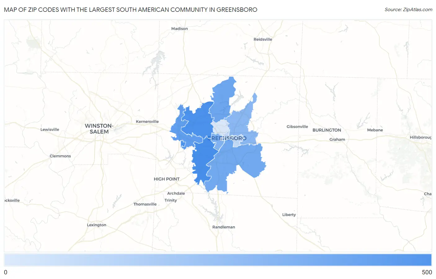 Zip Codes with the Largest South American Community in Greensboro Map