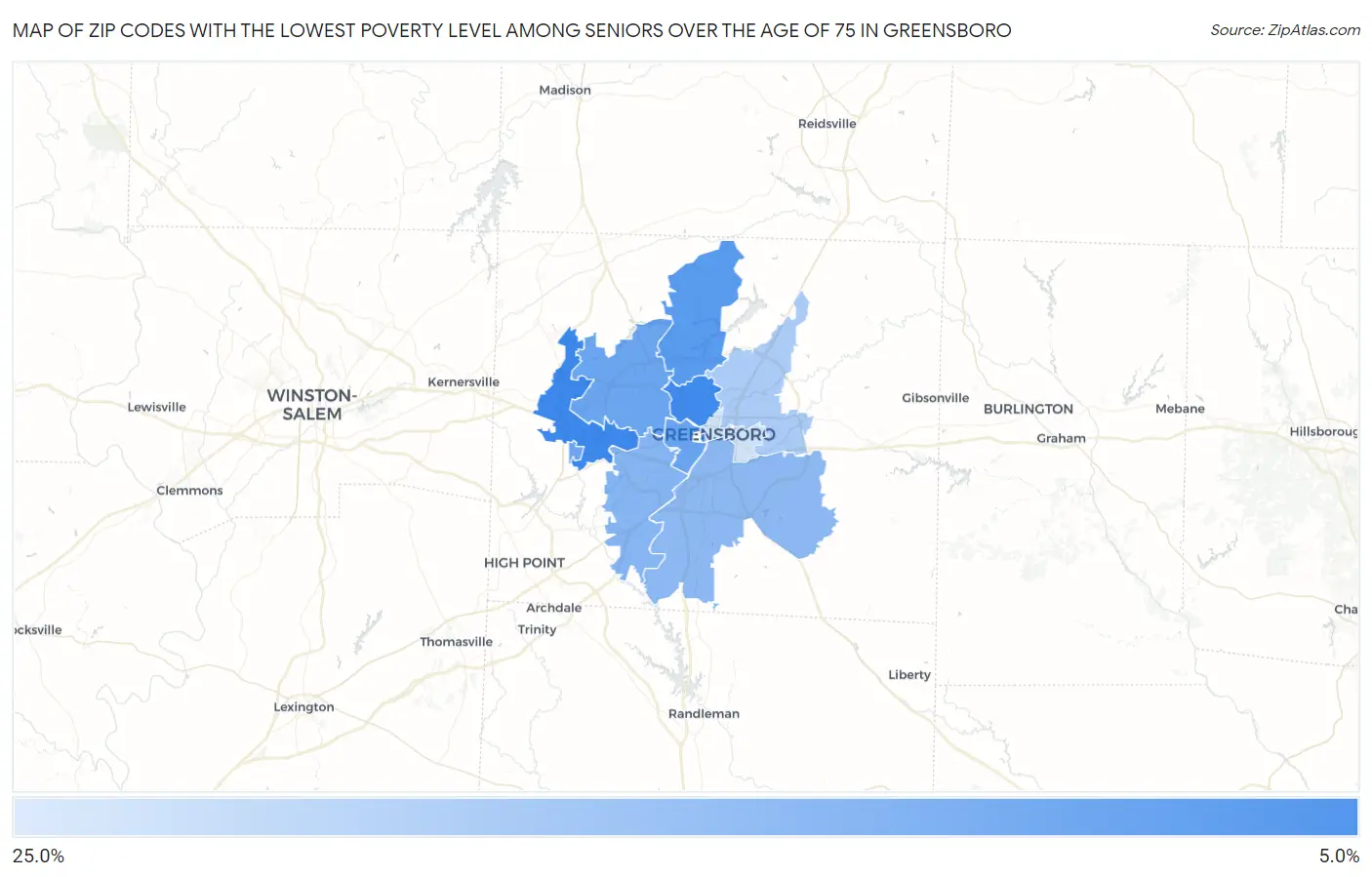 Zip Codes with the Lowest Poverty Level Among Seniors Over the Age of 75 in Greensboro Map