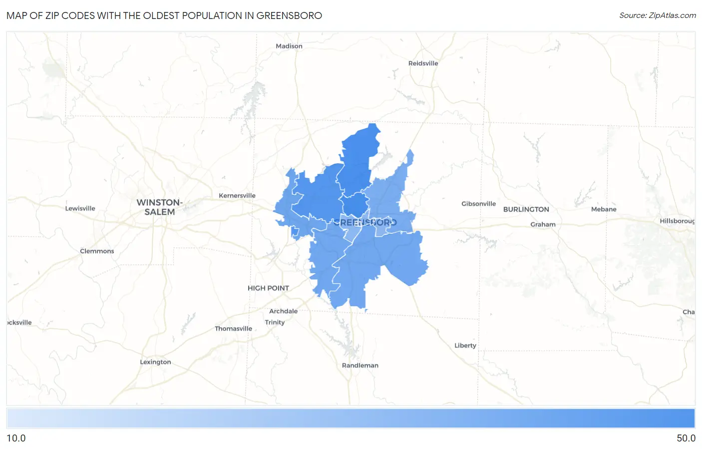 Zip Codes with the Oldest Population in Greensboro Map