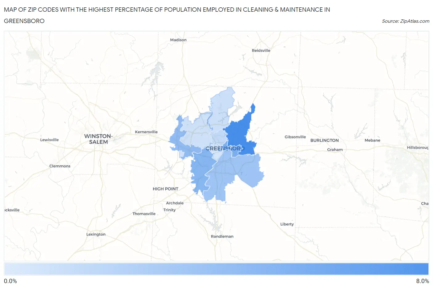 Zip Codes with the Highest Percentage of Population Employed in Cleaning & Maintenance in Greensboro Map