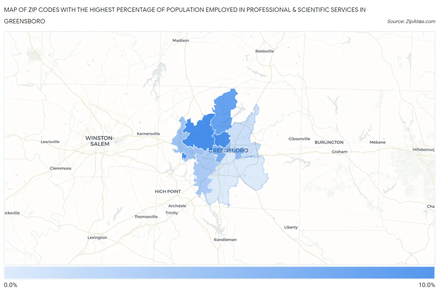 Zip Codes with the Highest Percentage of Population Employed in Professional & Scientific Services in Greensboro Map