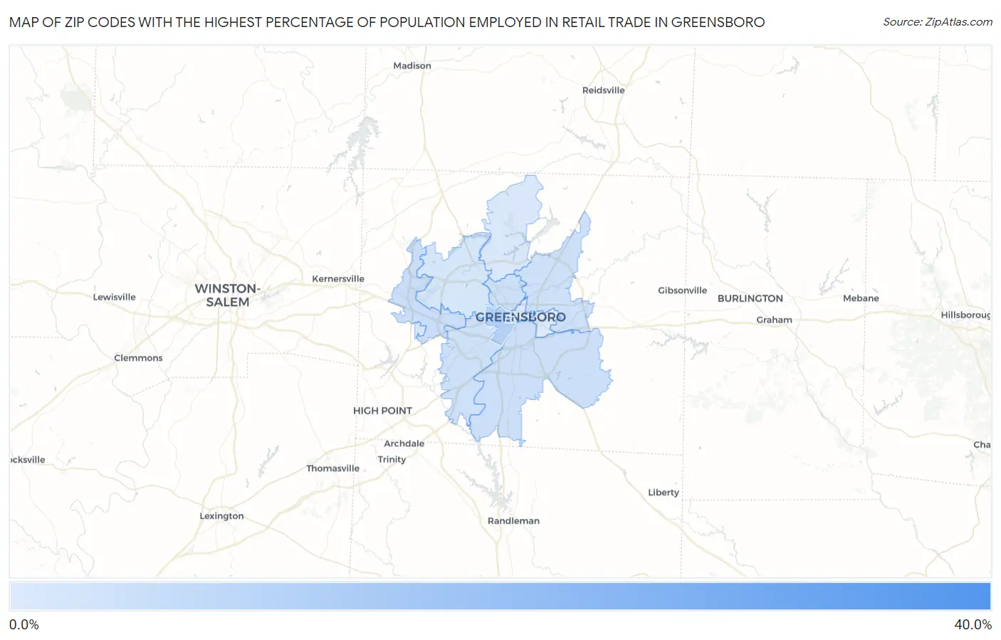 Zip Codes with the Highest Percentage of Population Employed in Retail Trade in Greensboro Map