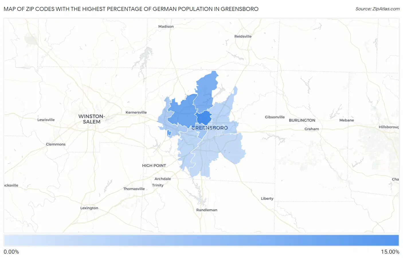 Zip Codes with the Highest Percentage of German Population in Greensboro Map
