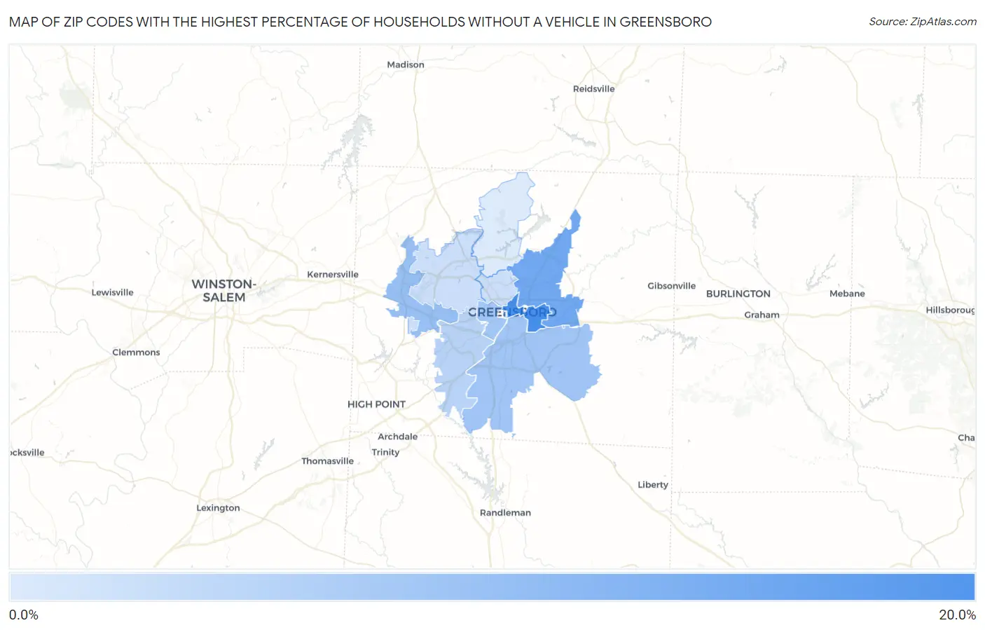 Zip Codes with the Highest Percentage of Households Without a Vehicle in Greensboro Map