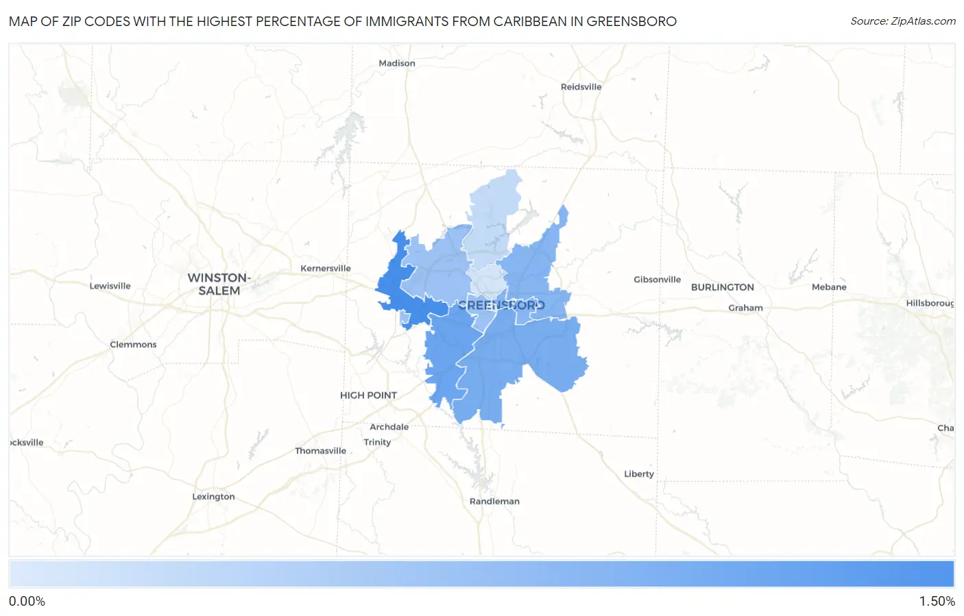 Zip Codes with the Highest Percentage of Immigrants from Caribbean in Greensboro Map