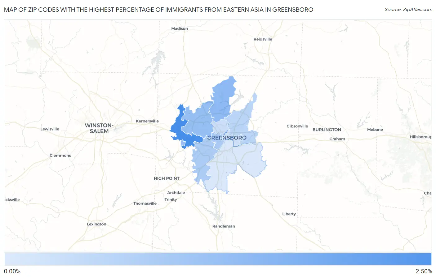 Zip Codes with the Highest Percentage of Immigrants from Eastern Asia in Greensboro Map