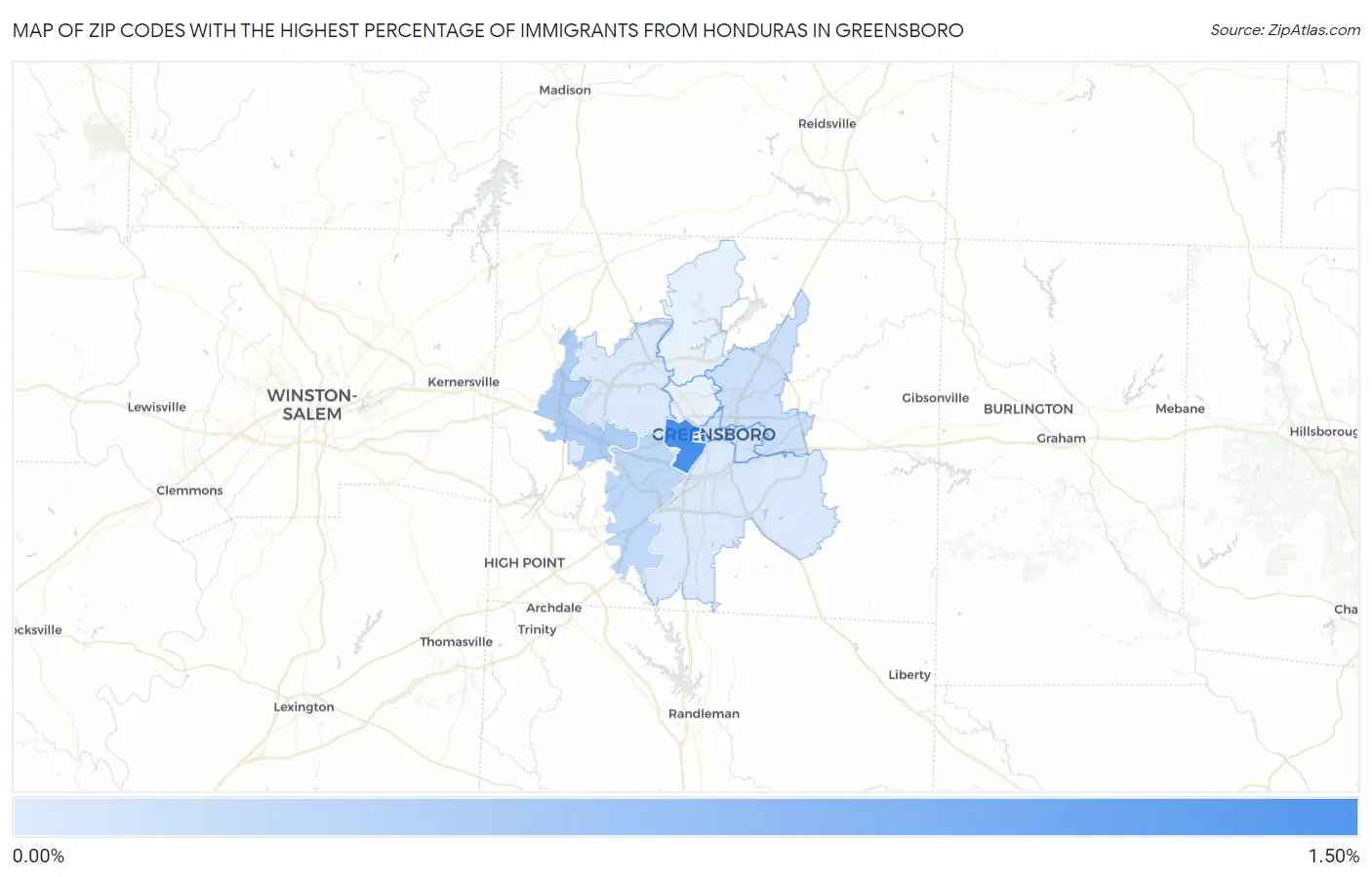Zip Codes with the Highest Percentage of Immigrants from Honduras in Greensboro Map