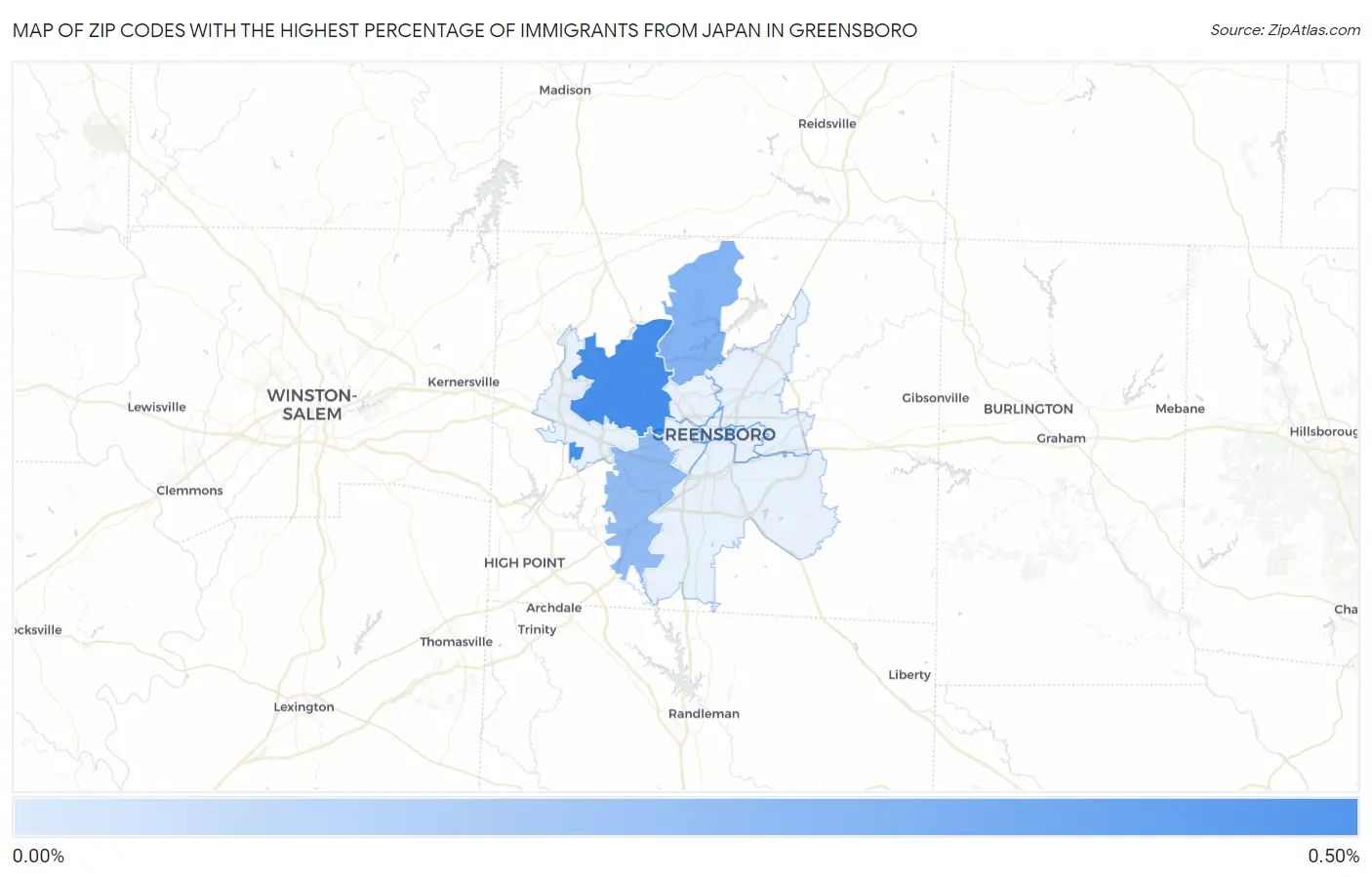 Zip Codes with the Highest Percentage of Immigrants from Japan in Greensboro Map