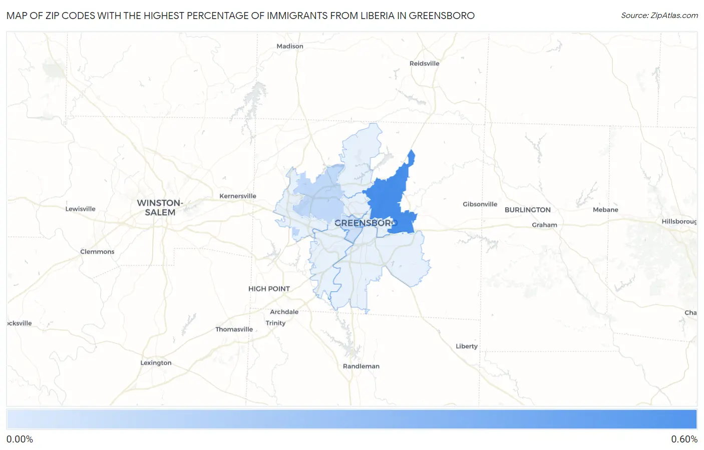 Zip Codes with the Highest Percentage of Immigrants from Liberia in Greensboro Map