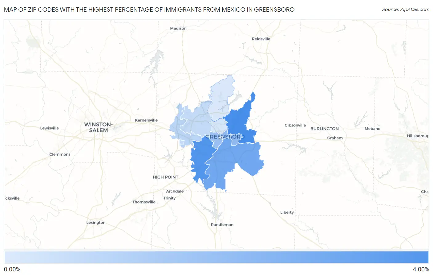 Zip Codes with the Highest Percentage of Immigrants from Mexico in Greensboro Map