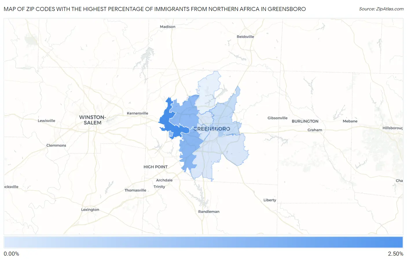 Zip Codes with the Highest Percentage of Immigrants from Northern Africa in Greensboro Map