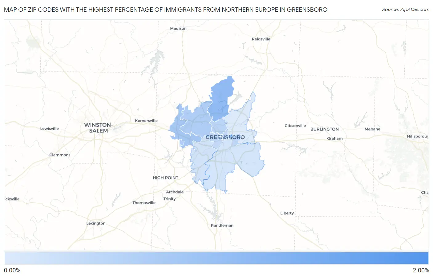 Zip Codes with the Highest Percentage of Immigrants from Northern Europe in Greensboro Map