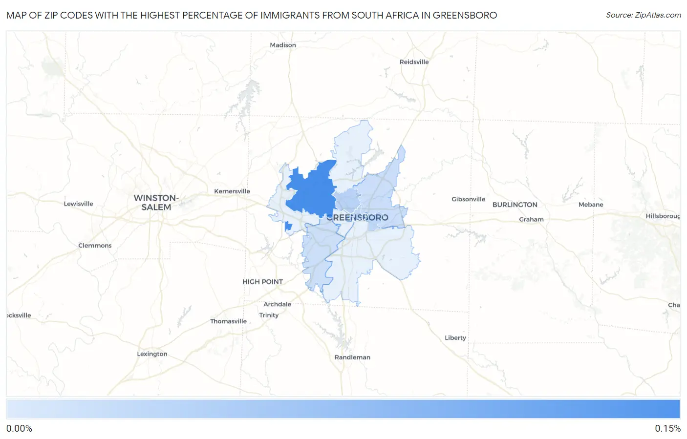 Zip Codes with the Highest Percentage of Immigrants from South Africa in Greensboro Map