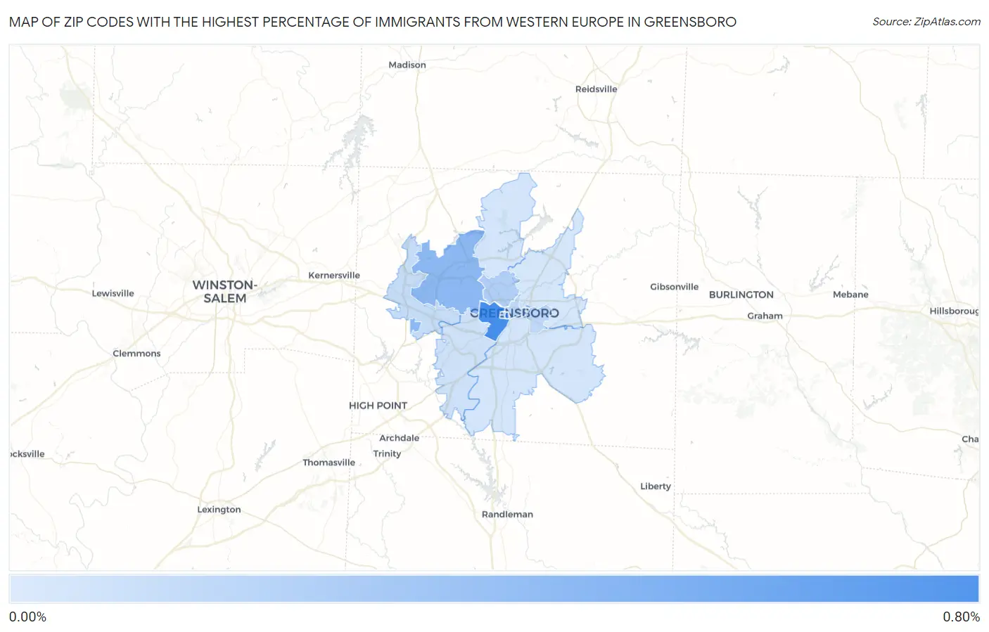 Zip Codes with the Highest Percentage of Immigrants from Western Europe in Greensboro Map