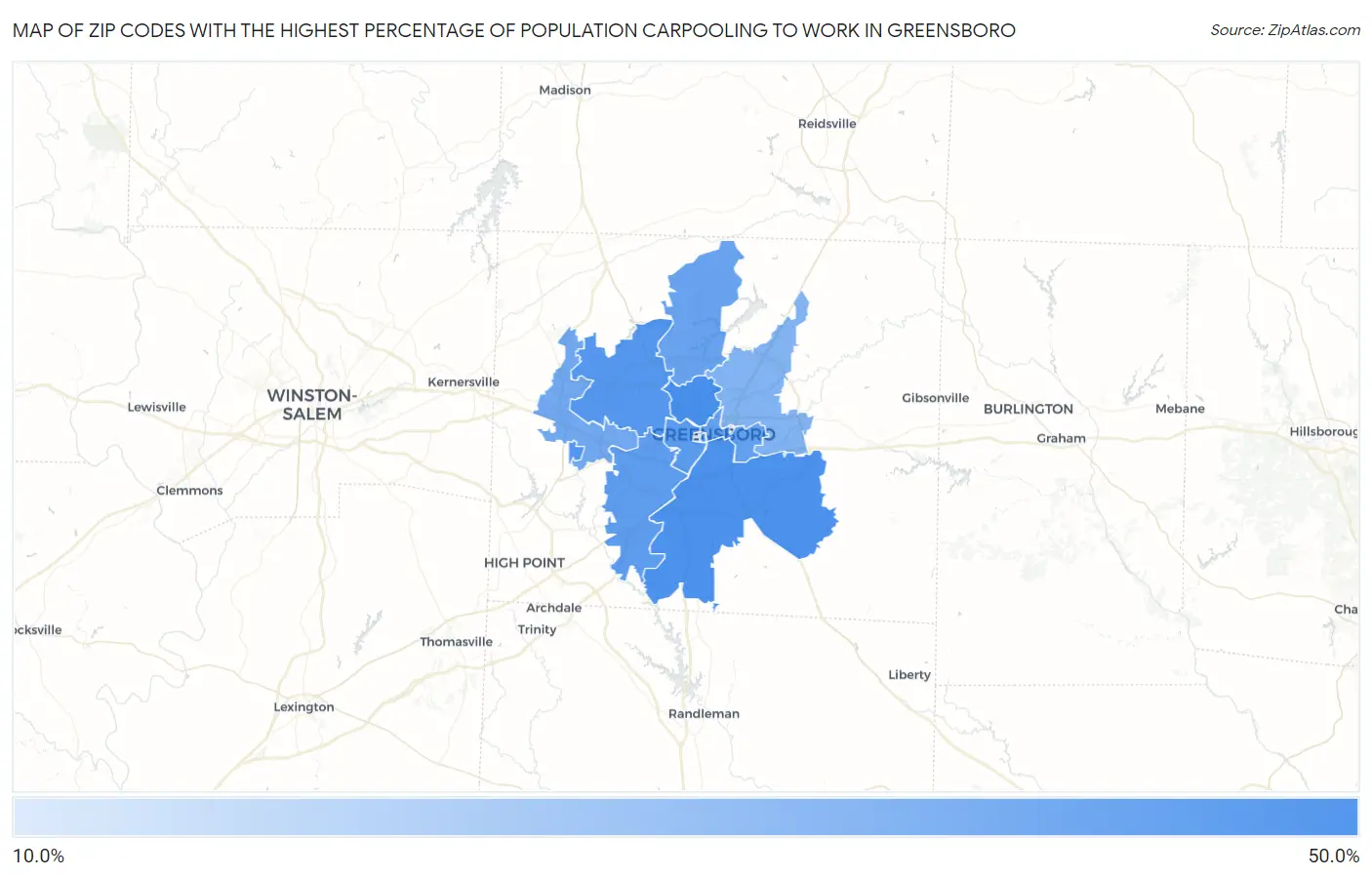 Zip Codes with the Highest Percentage of Population Carpooling to Work in Greensboro Map