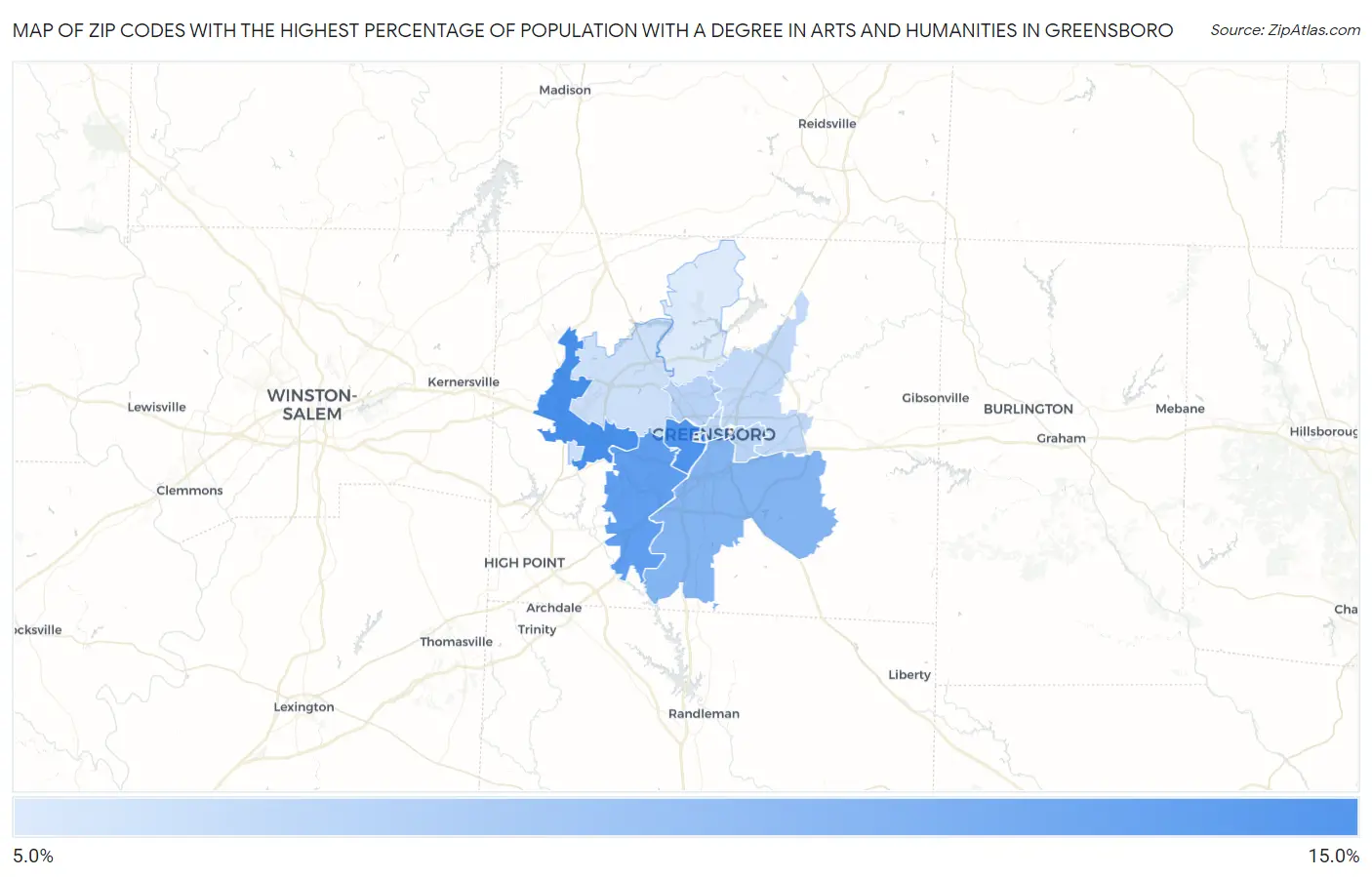 Zip Codes with the Highest Percentage of Population with a Degree in Arts and Humanities in Greensboro Map