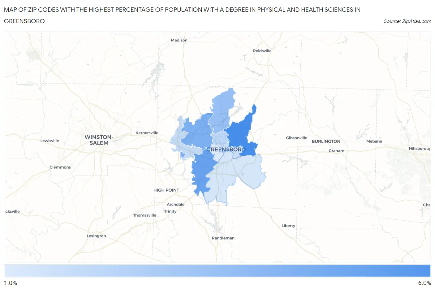 Zip Codes with the Highest Percentage of Population with a Degree in Physical and Health Sciences in Greensboro Map