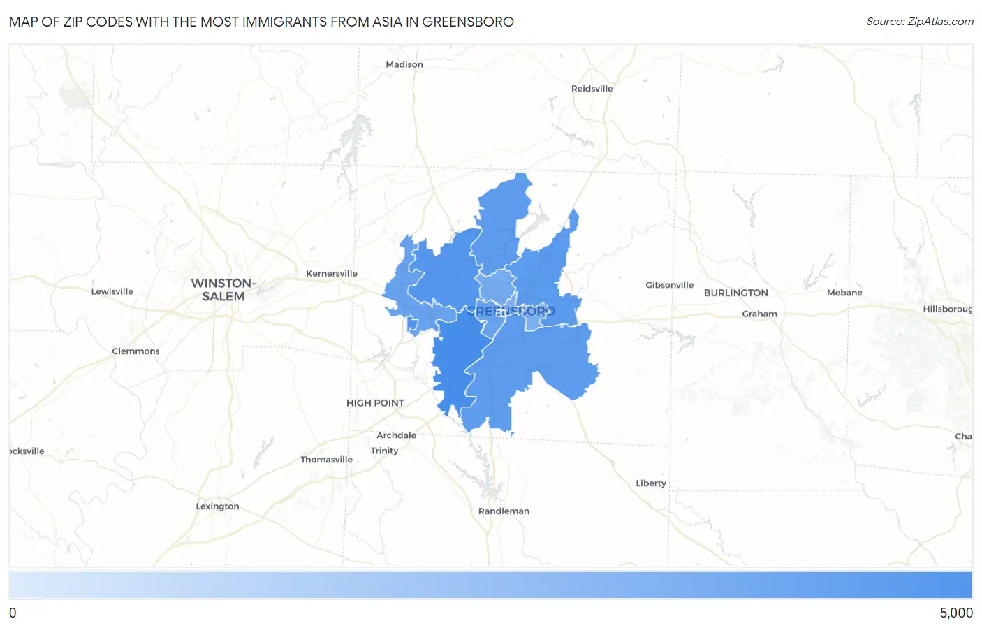 Zip Codes with the Most Immigrants from Asia in Greensboro Map