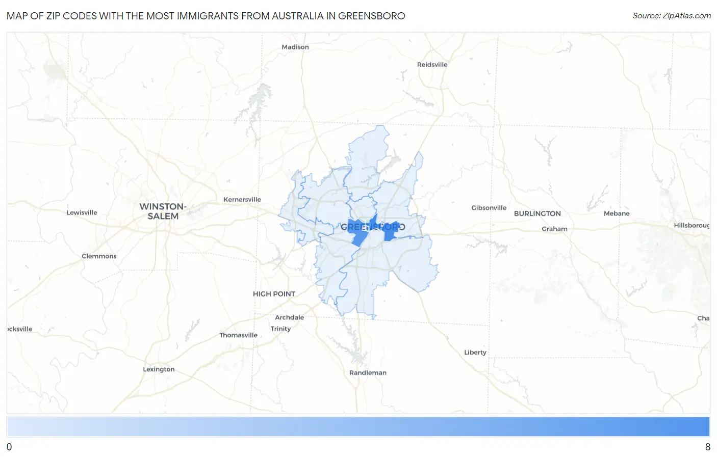 Zip Codes with the Most Immigrants from Australia in Greensboro Map