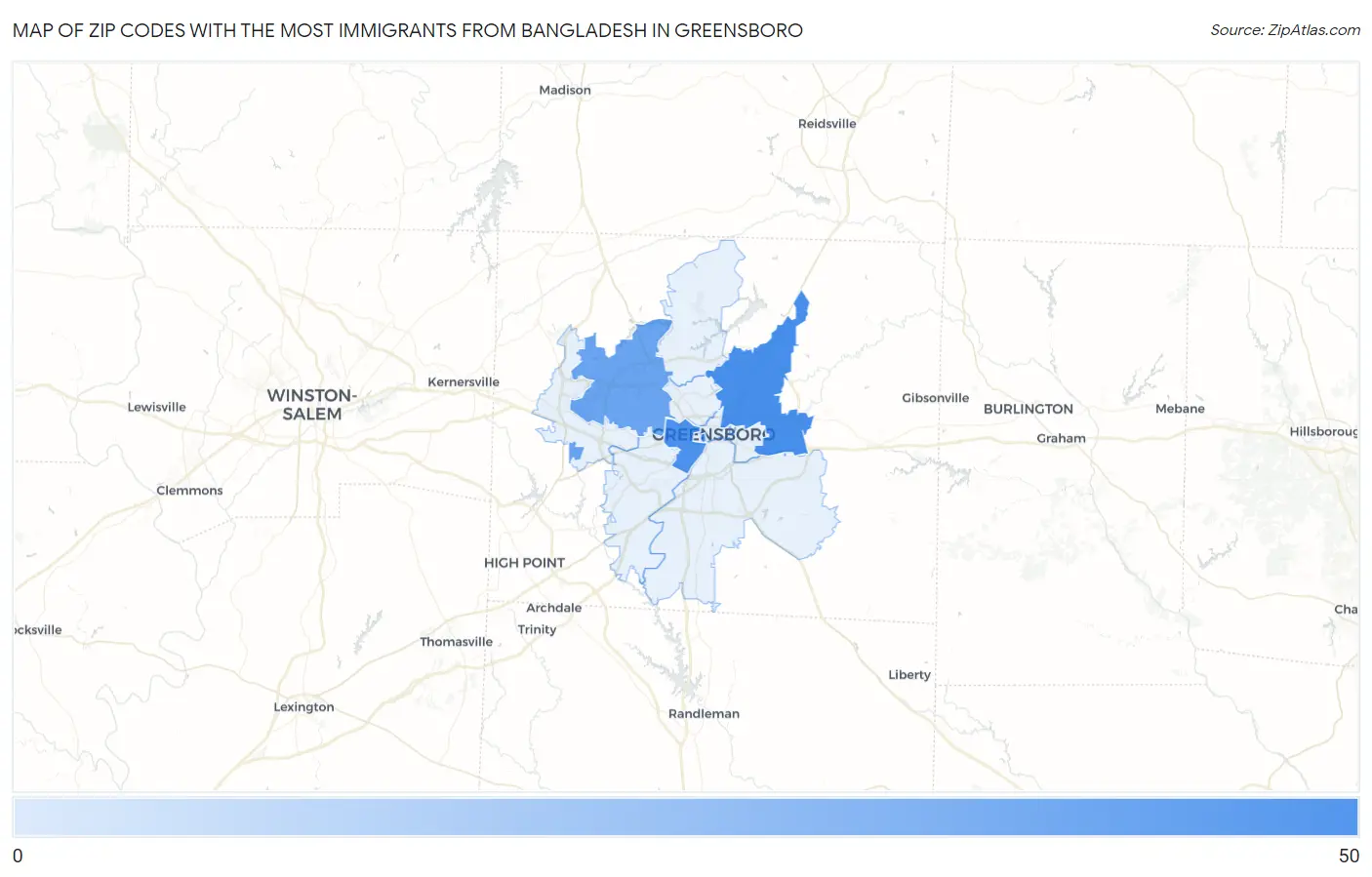 Zip Codes with the Most Immigrants from Bangladesh in Greensboro Map
