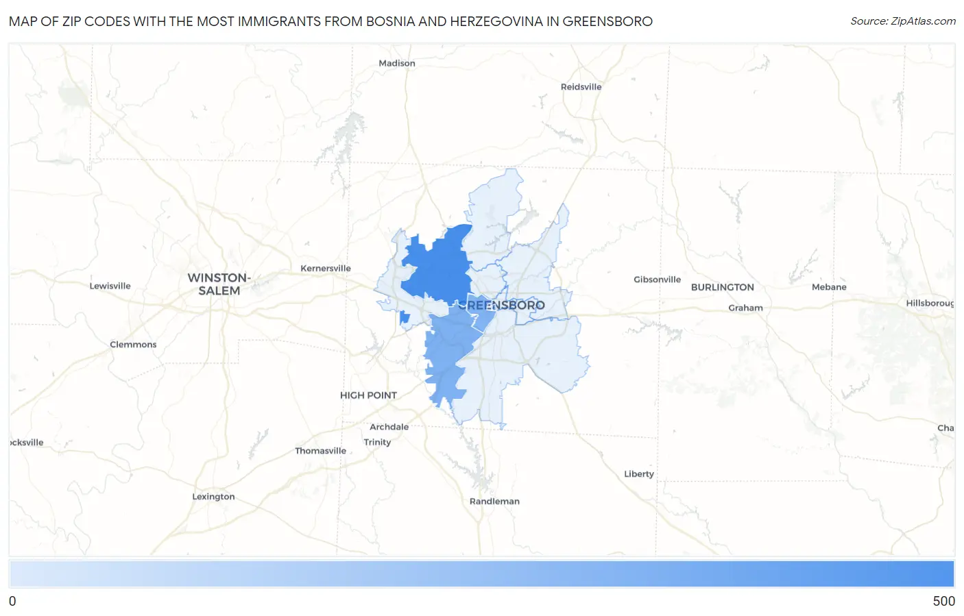 Zip Codes with the Most Immigrants from Bosnia and Herzegovina in Greensboro Map