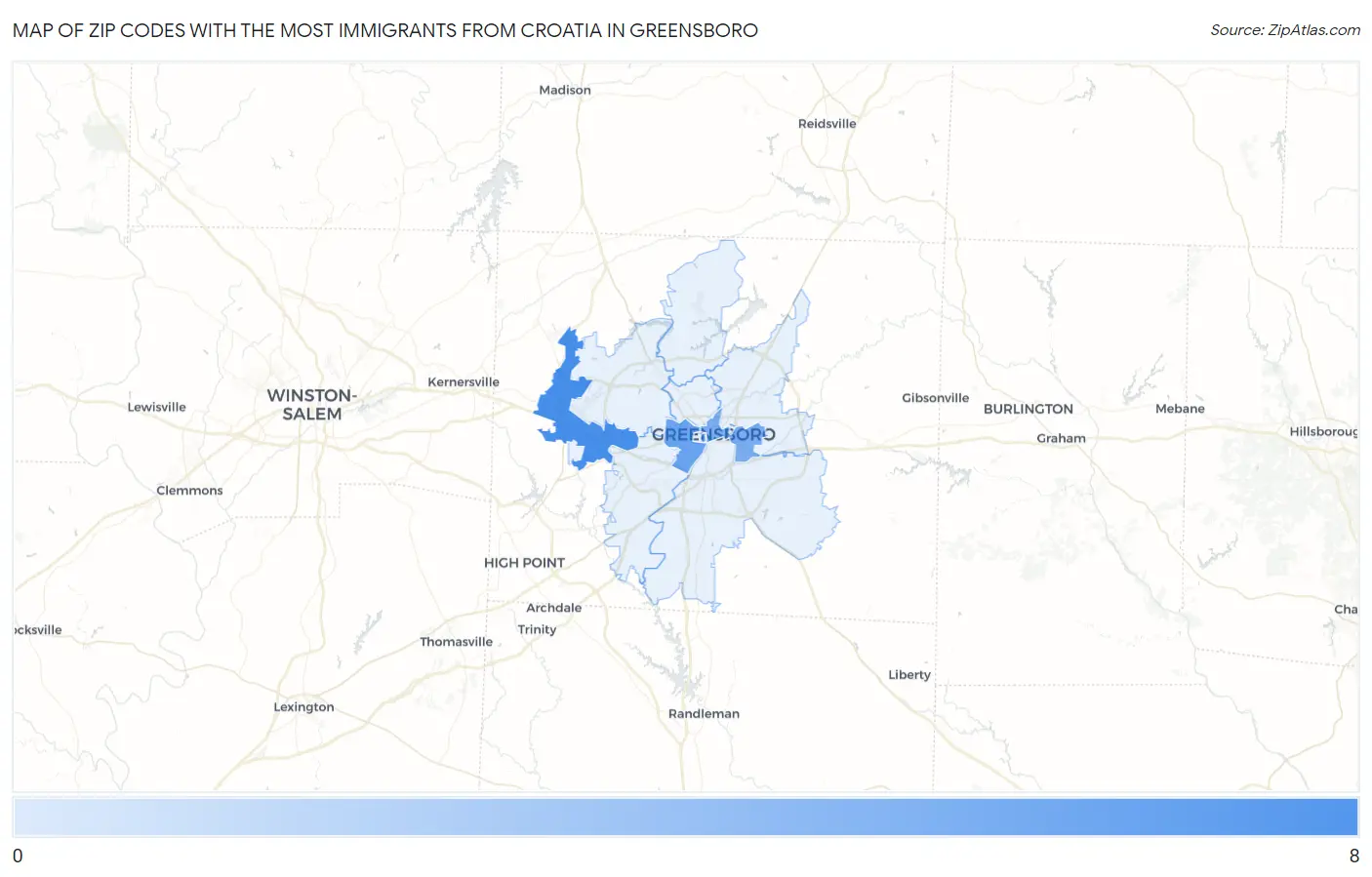 Zip Codes with the Most Immigrants from Croatia in Greensboro Map