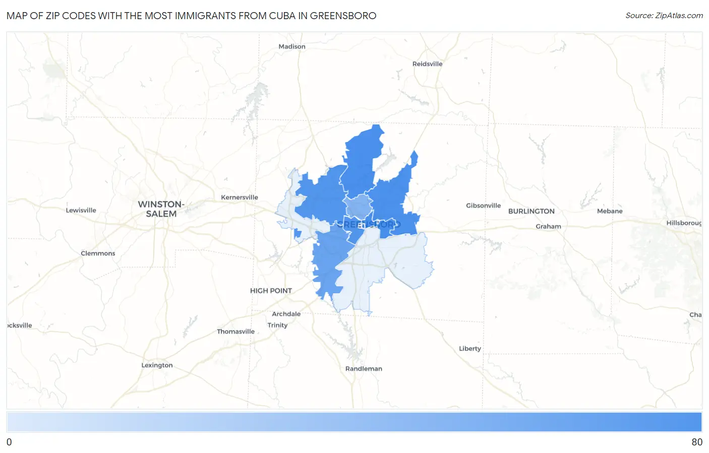 Zip Codes with the Most Immigrants from Cuba in Greensboro Map