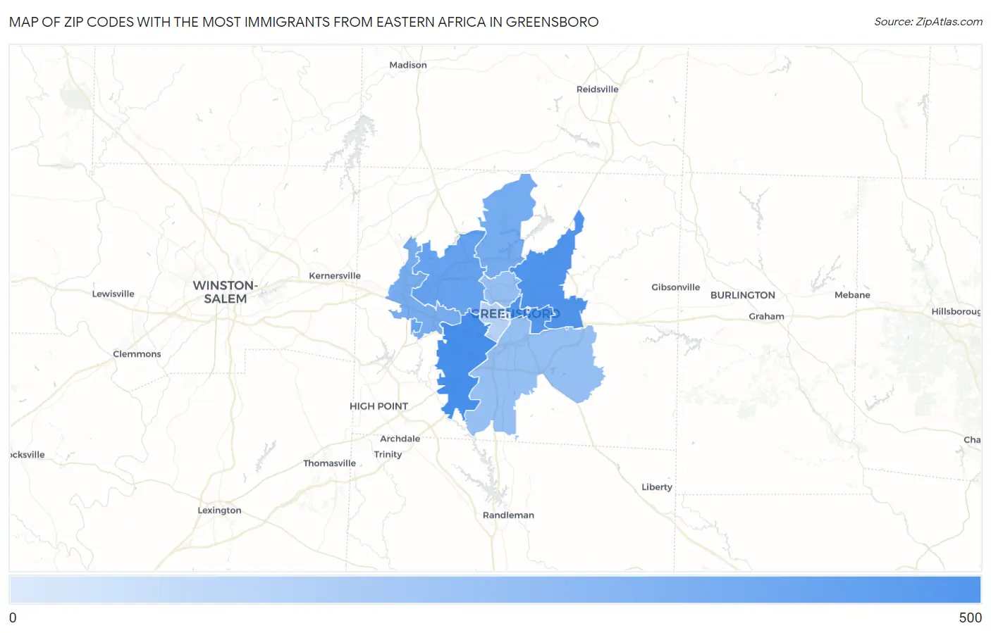 Zip Codes with the Most Immigrants from Eastern Africa in Greensboro Map